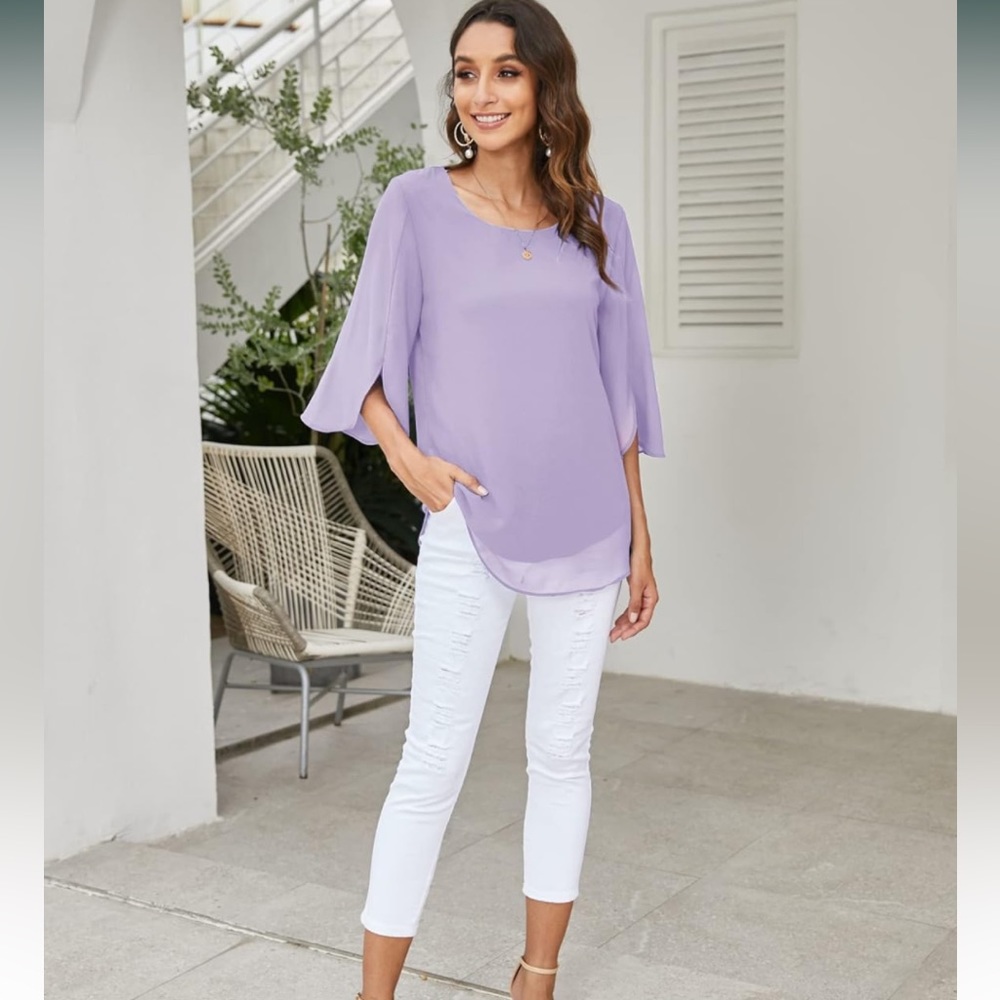 New ACEVOG Womens Casual Scoop Neck Loose Top 3/4 Sleeve Chiffon Blouse Shirt - Picture 4 of 12